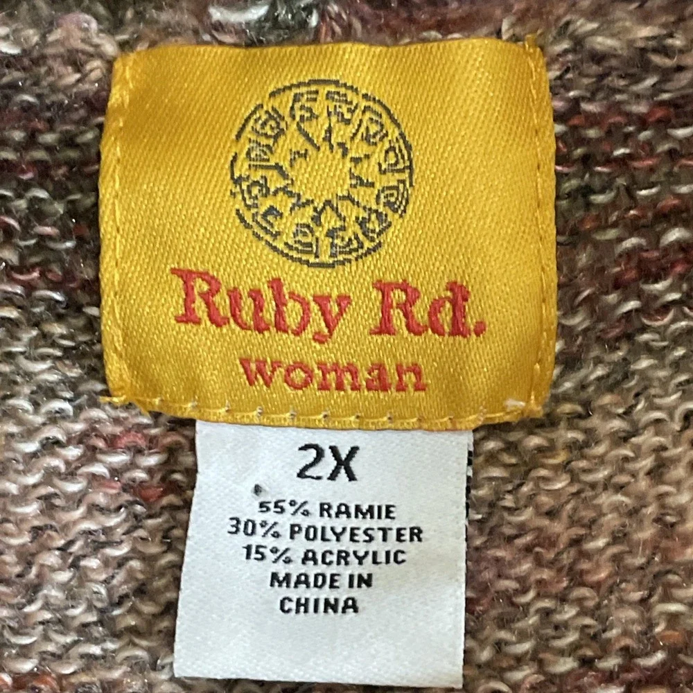 Ruby Rd.‎ Open Front Cardigan Sweater Striped Purpl/Brwn Knit Stretch Womens 2X